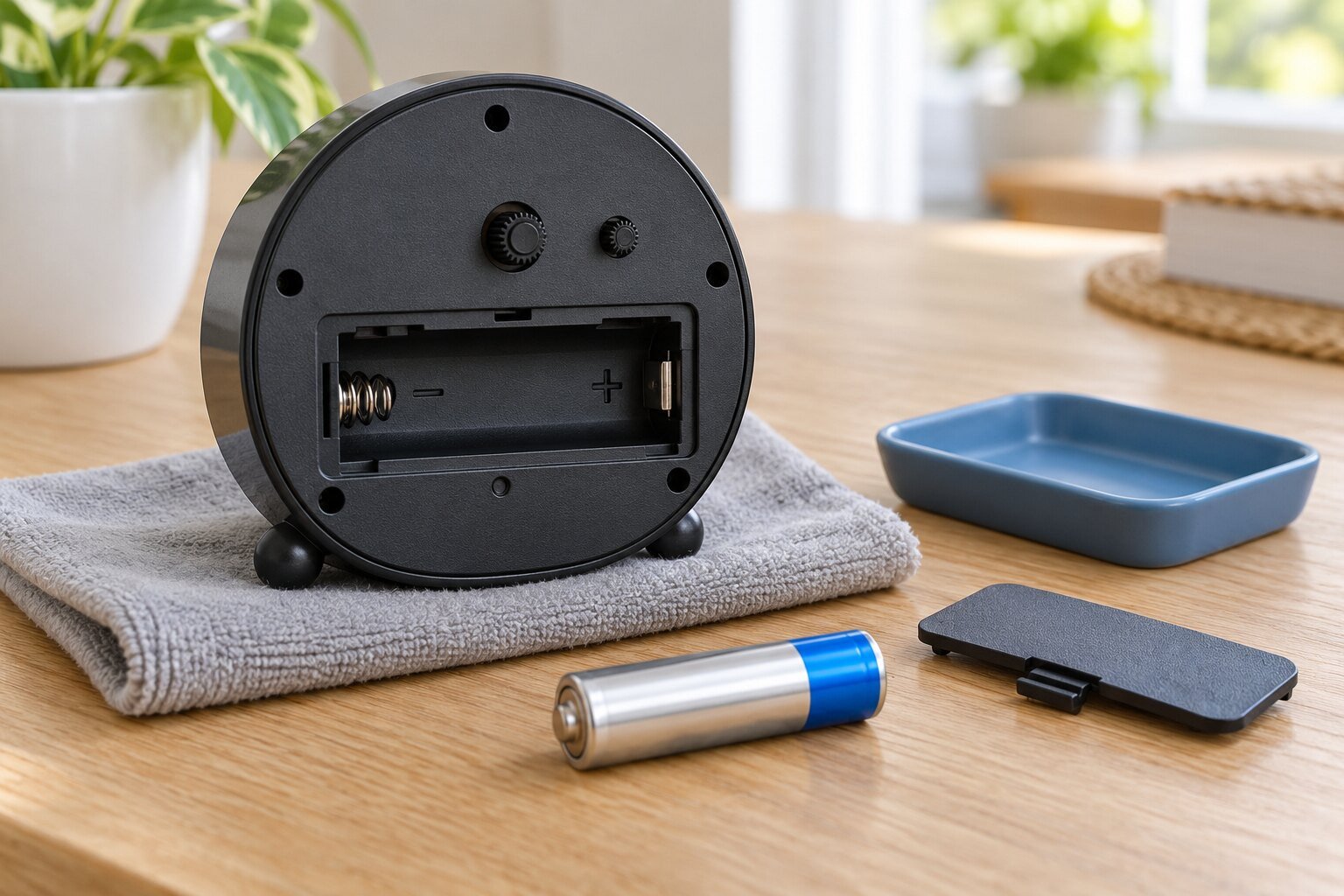 Pjesa e pasme e një ore tavoline analoge me ndarjen bosh të baterisë, shenjat e polaritetit, një bateri dhe kapakun pranë
